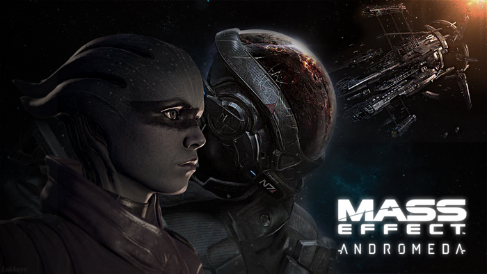 Mass Effect Andromeda characters and ship in space