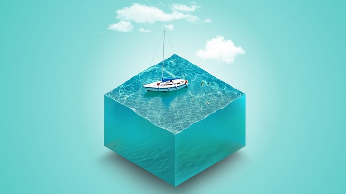 3D cube with sailboat on water and clouds