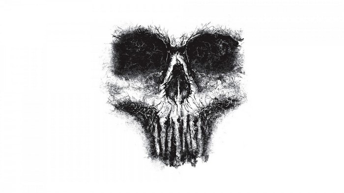 Monochrome illustration of a skull with organic elements