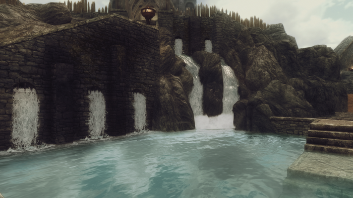 Waterfalls flowing into a pool in The Elder Scrolls V Skyrim