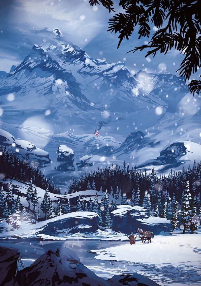 Snowy mountain landscape with a lone traveler and horse