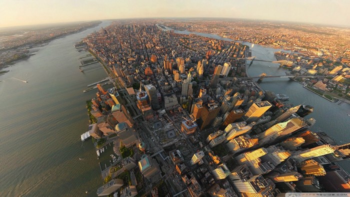 Aerial view of New York City skyline and rivers