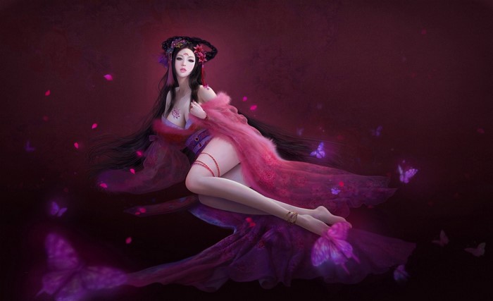 Anime girl in traditional Chinese dress with butterflies