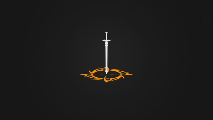 Minimalist Sword Logo with Orange Swirls