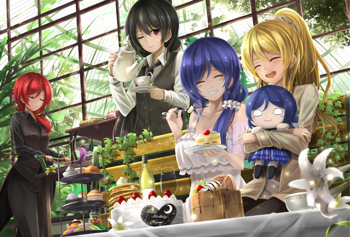 Anime characters celebrating a birthday with cake and tea