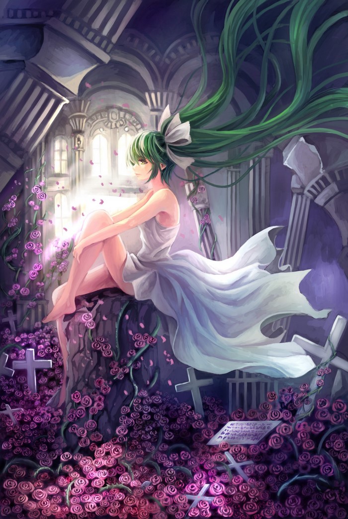 Hatsune Miku in a rose-covered graveyard