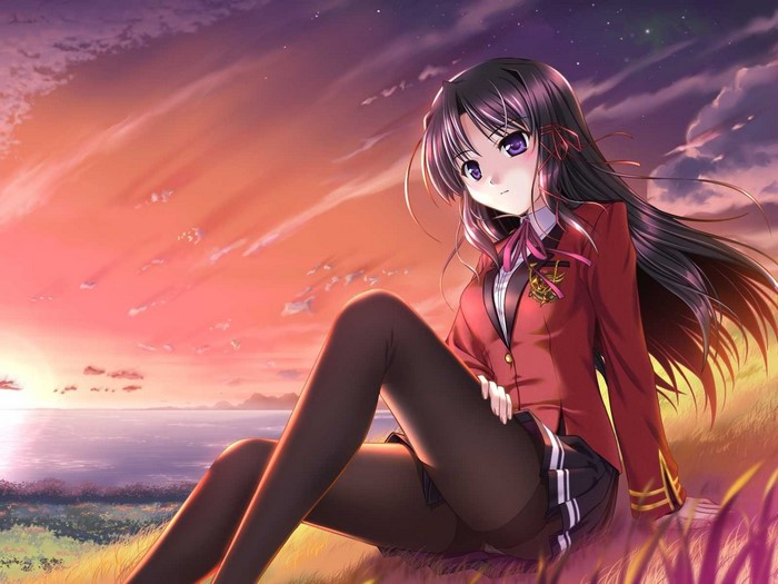 Kuze Kiriha from Fortune Arterial sitting by the sea at sunset