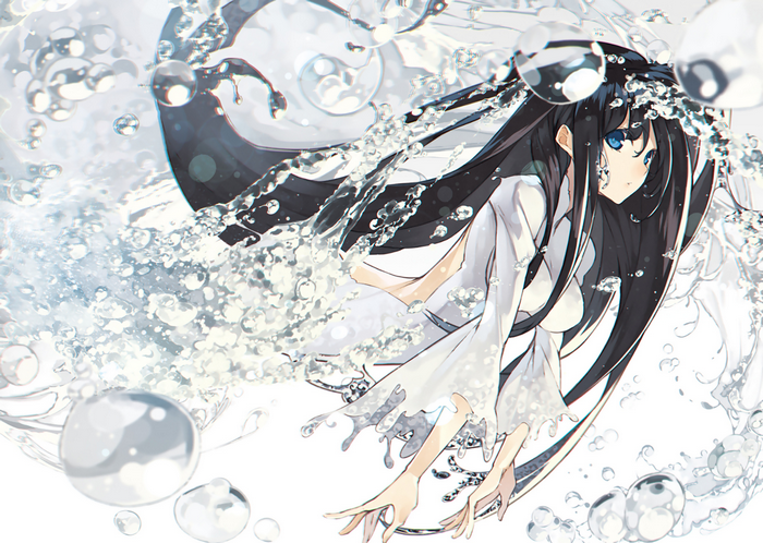 Girl with long black hair in water from Soul Worker
