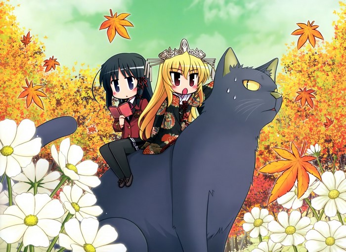 Kuze Kiriha from Fortune Arterial riding a cat with another girl