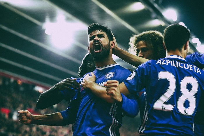 Chelsea FC players celebrating a goal