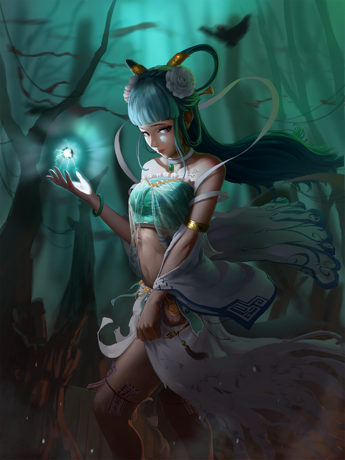 Anime girl with aqua hair holding a glowing orb in a forest