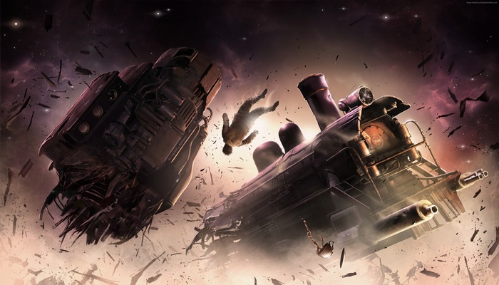 Train and spaceship wreckage in space