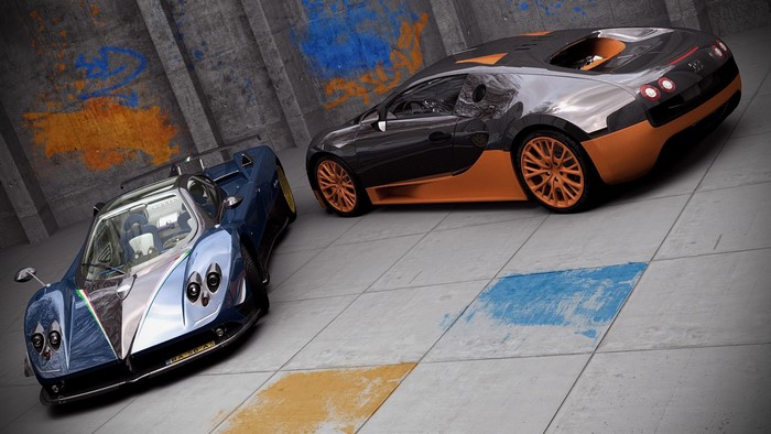 Two sports cars, a blue Pagani and a black Bugatti, parked