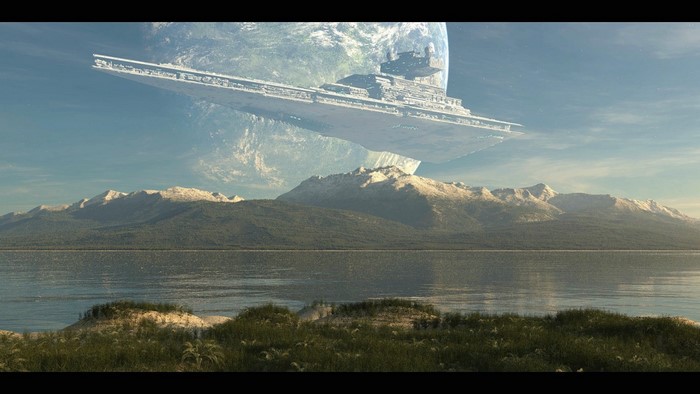 Star Destroyer above a planet and mountains