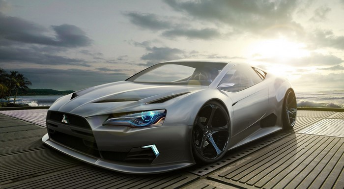 Silver Mitsubishi sports car on a deck by the ocean