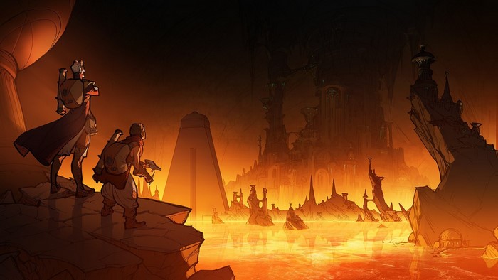 Fantasy art of two adventurers overlooking a fiery landscape