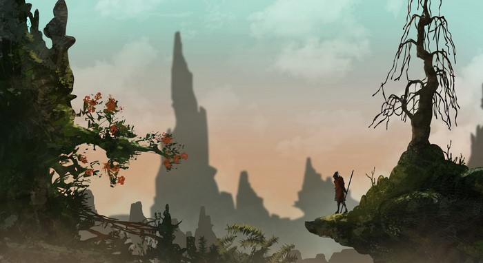 Fantasy landscape with a lone warrior and strange trees