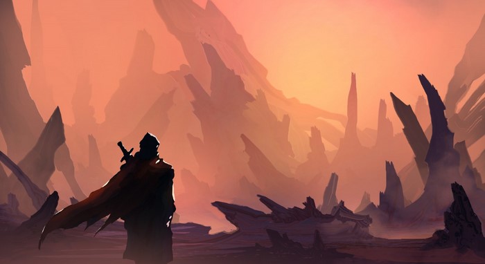 Warrior with sword and cape in a rocky, misty landscape at sunset