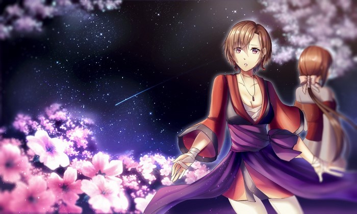 Anime girls in kimonos under a starry sky