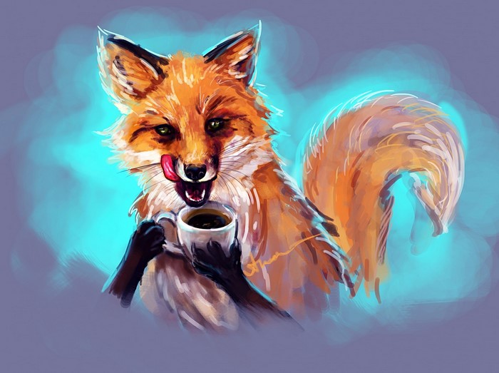 Illustration of a fox drinking coffee