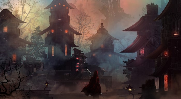 Fantasy warrior in red cloak in misty village
