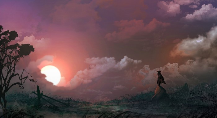 Fantasy art of a lone figure at sunset