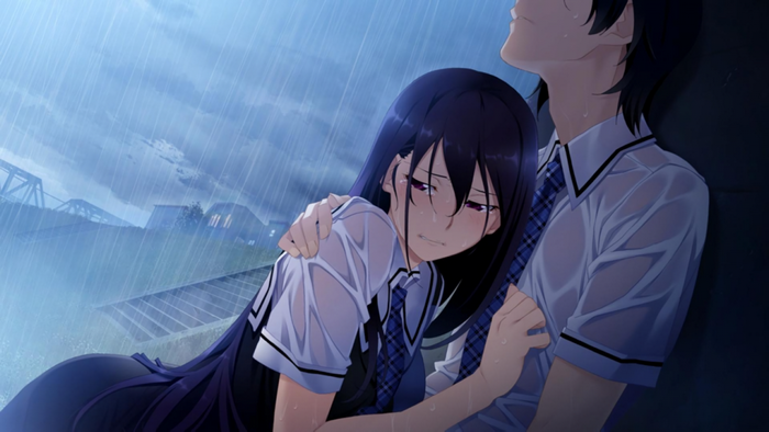 Sakaki Yumiko and Kazami Yuuji from Grisaia no Kajitsu in the rain