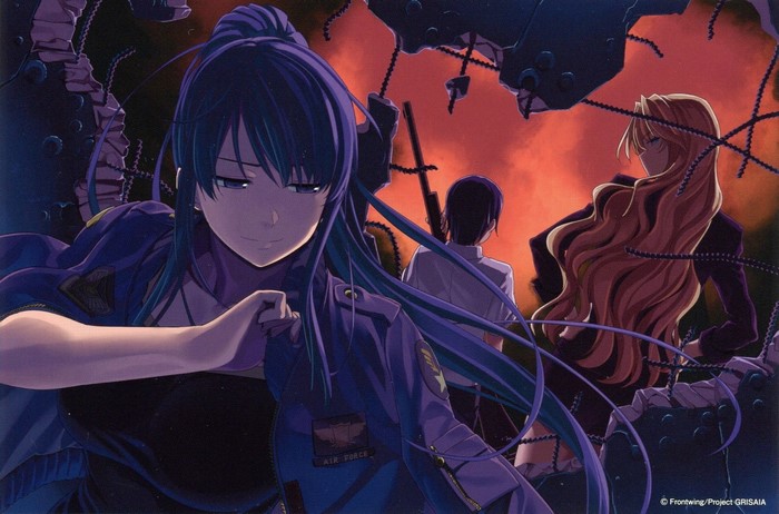 Anime illustration with three characters and debris