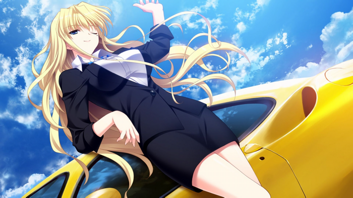 Anime girl in suit leaning on a yellow car
