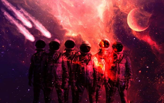 Astronauts in space with comets and a planet
