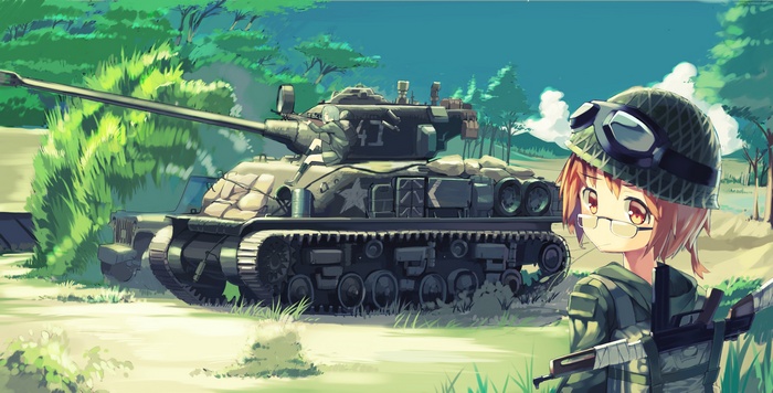 Girl in military uniform with tank
