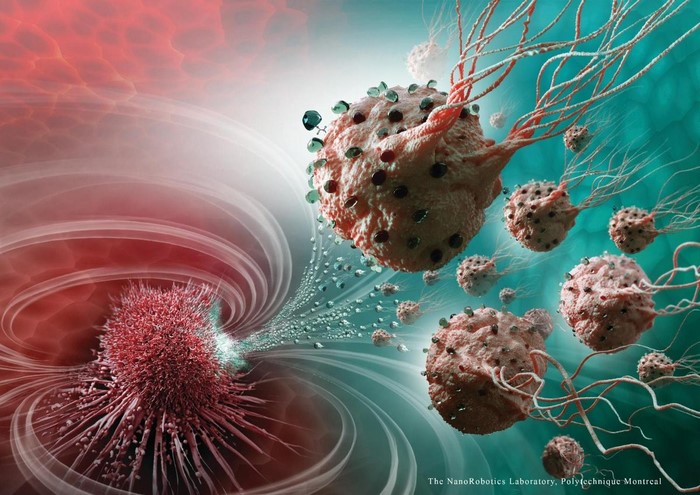 Nanobots attacking cancer cells in a microscopic view