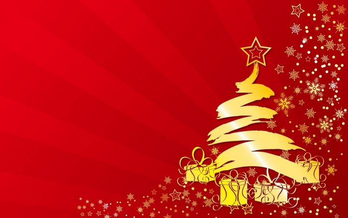 Golden Christmas Tree with Red Festive Background