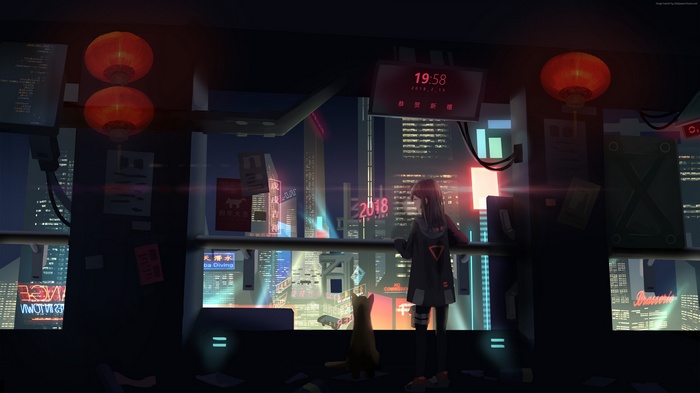 Cyberpunk Girl and Cat Overlooking City