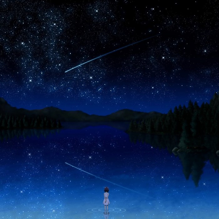 Anime girl watching a shooting star over a lake at night
