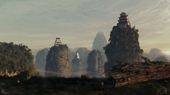 Asian temples on rocky mountains with bridges