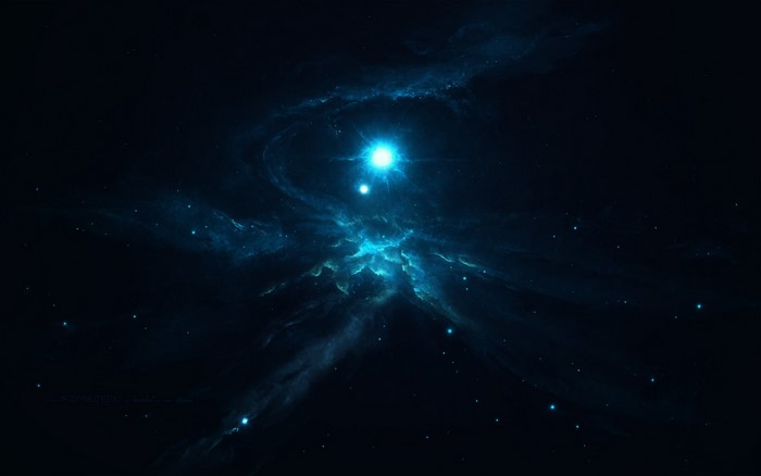 Blue nebula with bright stars in deep space