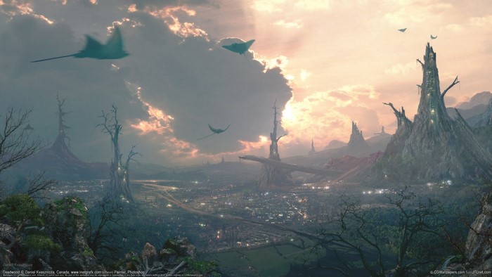 Fantasy landscape with alien trees and flying creatures