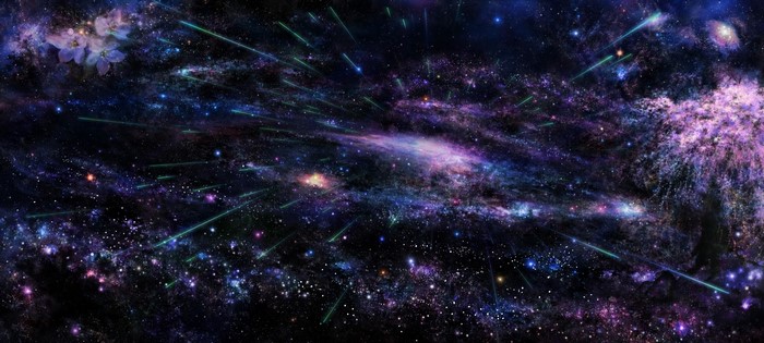 Cosmic nebula with shooting stars and flowers