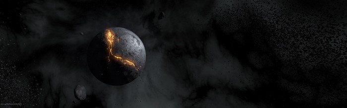 Cracked Planet with Glowing Core in Nebula