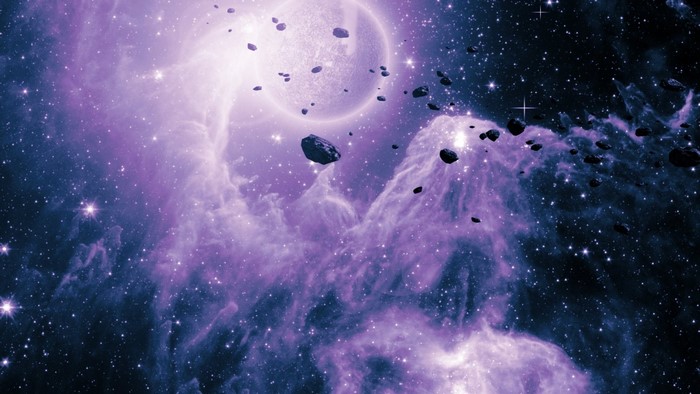 Purple nebula with asteroids and stars