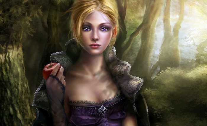 Fantasy girl with blonde hair holding an apple in a forest