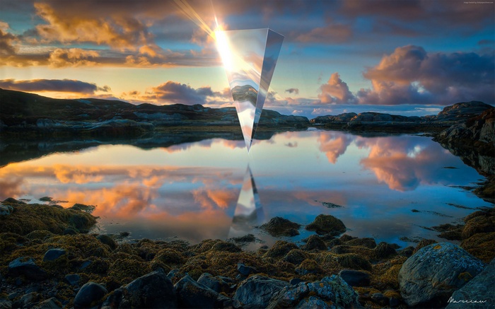 3D Geometric Structure Reflecting Sunset Sky