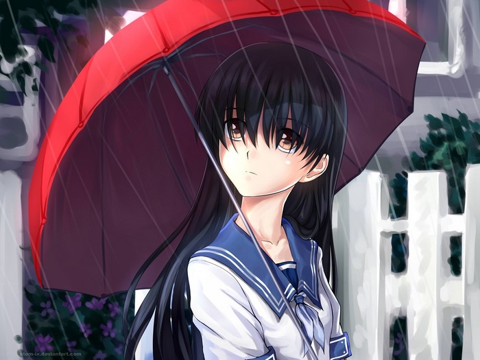 Ame Ochibana from Denpa teki na Kanojo holding an umbrella in the rain