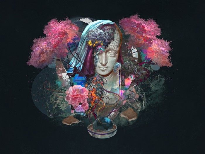 Surreal digital art with statue and pink trees