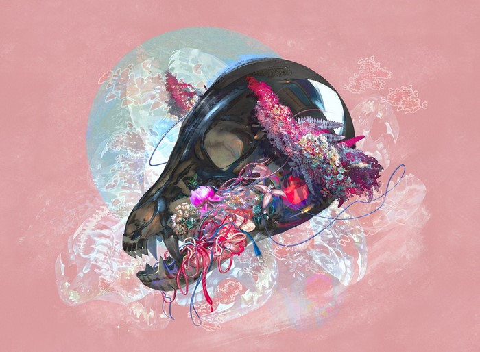 Skull filled with colorful flowers and ribbons on pink background