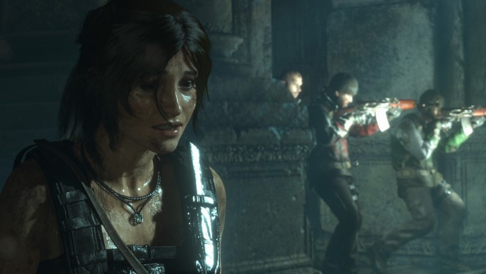 Lara Croft from Tomb Raider in a dark environment