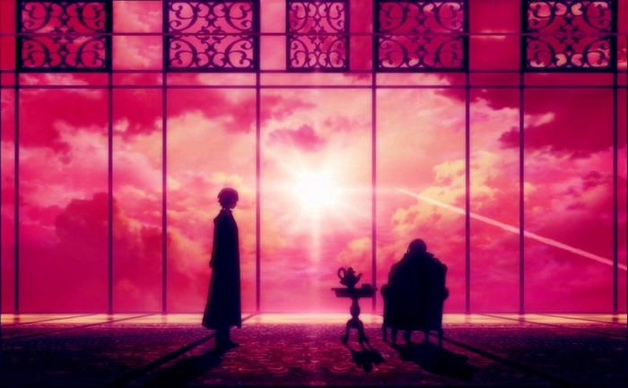 Dazai Osamu from Bungou Stray Dogs in a room with a sunset
