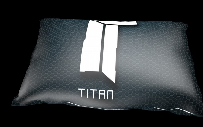Titanfall 2 Titan logo and text on a hexagonal patterned bag