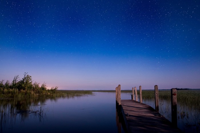 Wooden dock on a lake under a starry night sky